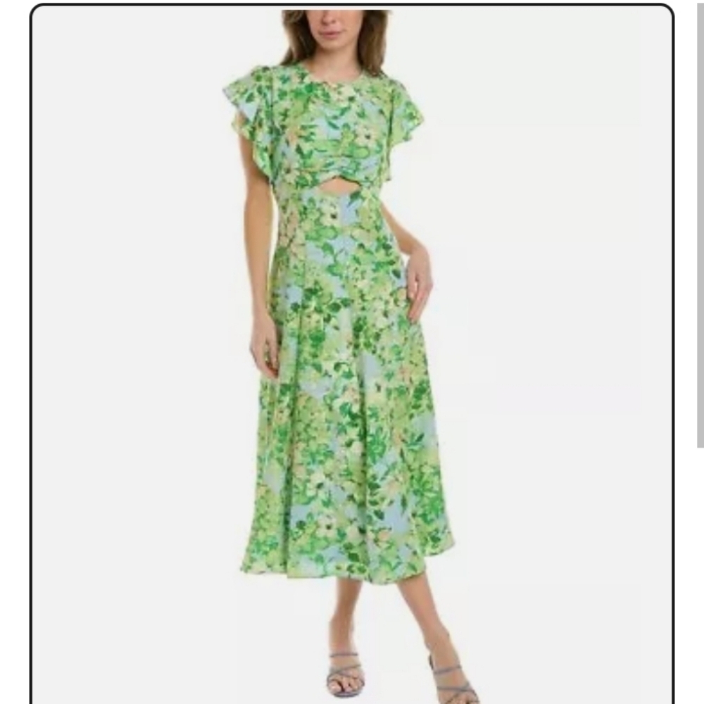 Maison Tara Spring Green Butter Yellow Sky Blue Floral Flutter Cap Sleeve Midi